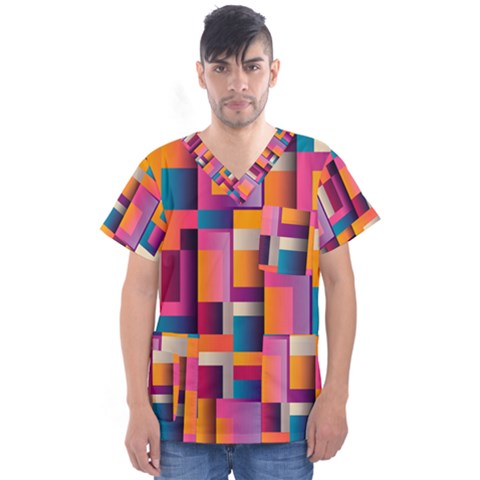 Abstract Background Geometry Blocks Men s V-neck Scrub Top by Bajindul