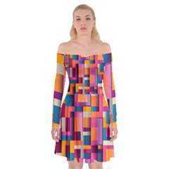 Abstract Background Geometry Blocks Off Shoulder Skater Dress