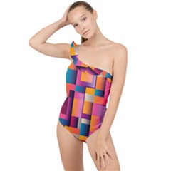 Abstract Background Geometry Blocks Frilly One Shoulder Swimsuit by Bajindul