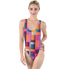 Abstract Background Geometry Blocks High Leg Strappy Swimsuit