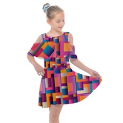 Abstract Background Geometry Blocks Kids  Shoulder Cutout Chiffon Dress by Bajindul