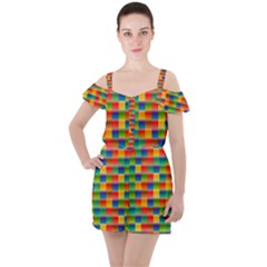 Background Colorful Abstract Ruffle Cut Out Chiffon Playsuit by Bajindul