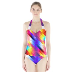 Abstract Blue Background Colorful Pattern Halter Swimsuit