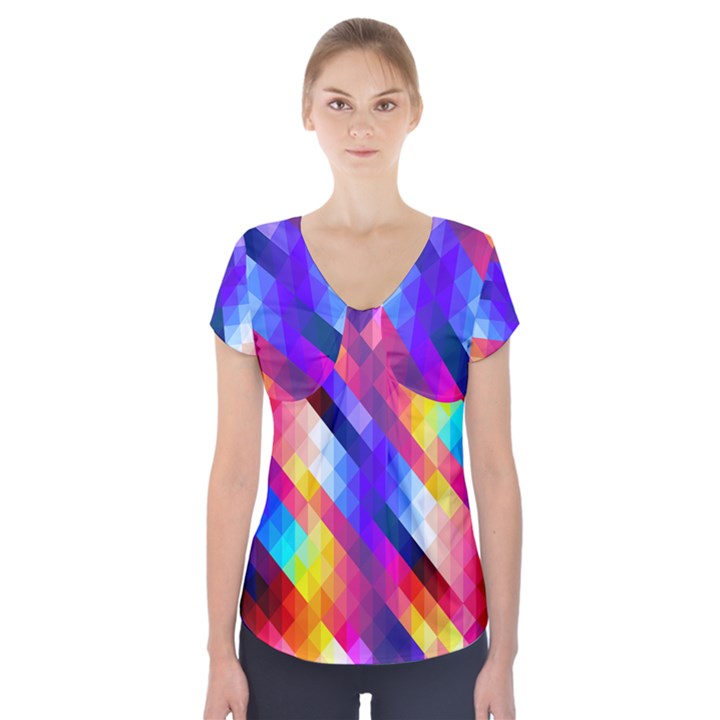 Abstract Blue Background Colorful Pattern Short Sleeve Front Detail Top