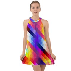 Abstract Blue Background Colorful Pattern Halter Tie Back Chiffon Dress