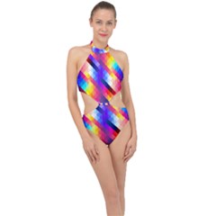 Abstract Blue Background Colorful Pattern Halter Side Cut Swimsuit by Bajindul