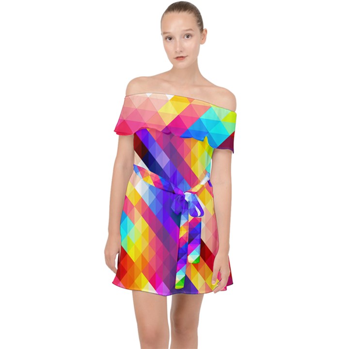 Abstract Blue Background Colorful Pattern Off Shoulder Chiffon Dress