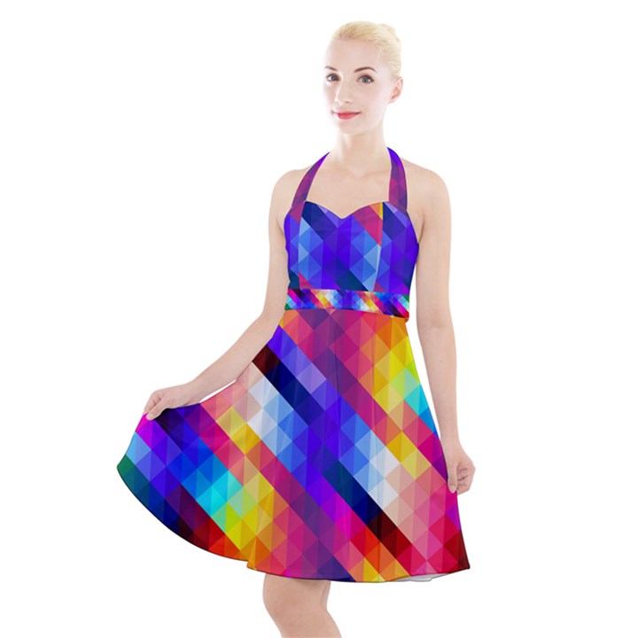 Abstract Blue Background Colorful Pattern Halter Party Swing Dress 