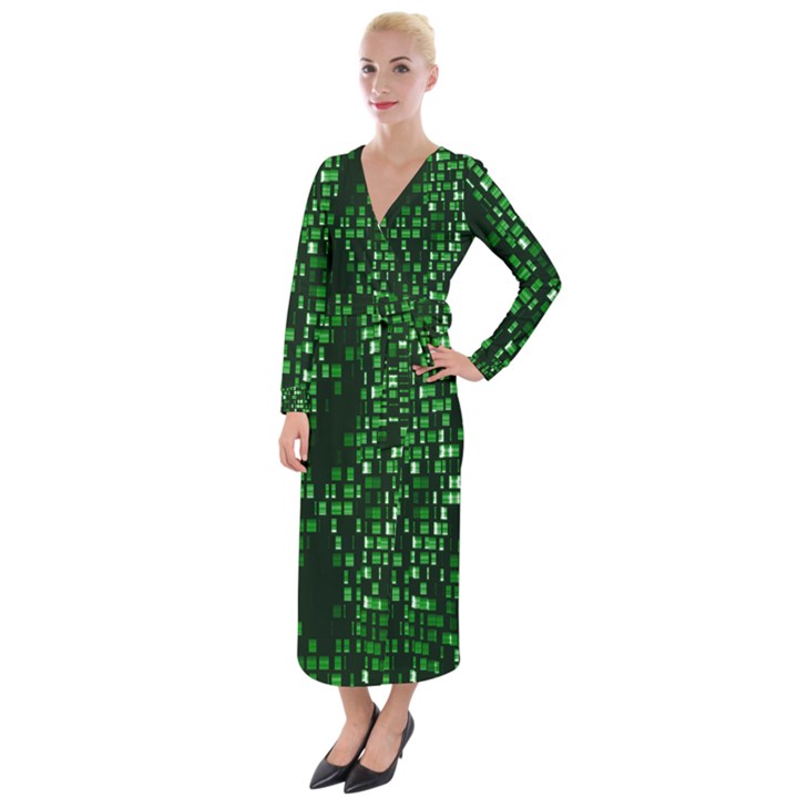 Abstract Plaid Green Velvet Maxi Wrap Dress