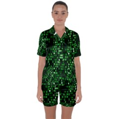 Abstract Plaid Green Satin Short Sleeve Pyjamas Set