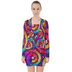 Abstract Background Spiral Colorful V-neck Bodycon Long Sleeve Dress