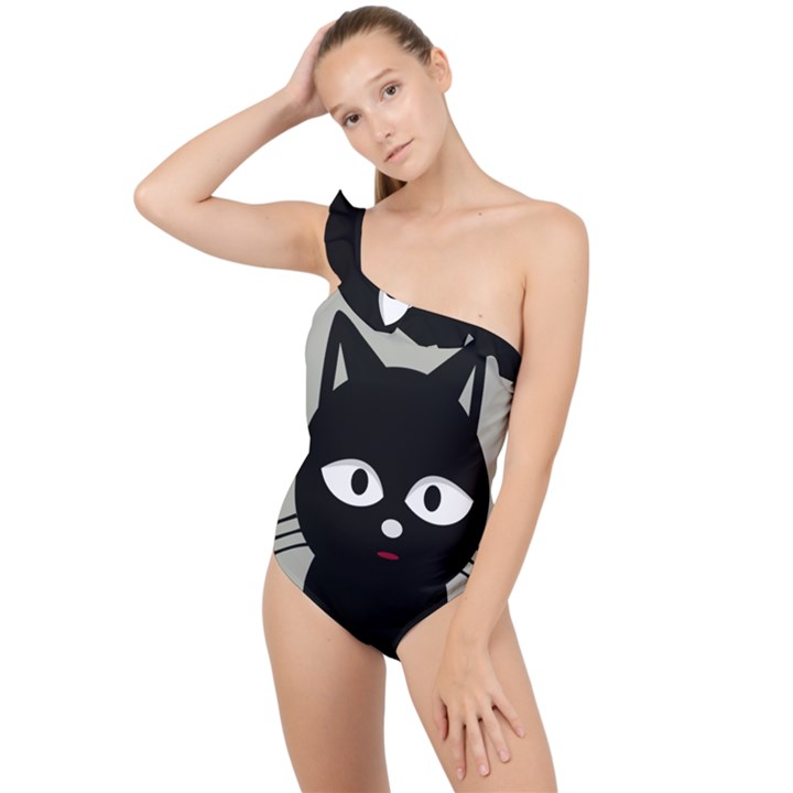 Cat Pet Cute Black Animal Frilly One Shoulder Swimsuit