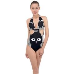 Cat Pet Cute Black Animal Halter Front Plunge Swimsuit by Bajindul