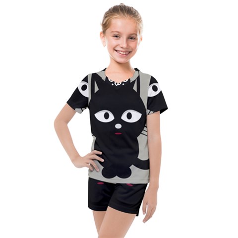 Cat Pet Cute Black Animal Kids  Mesh Tee And Shorts Set by Bajindul