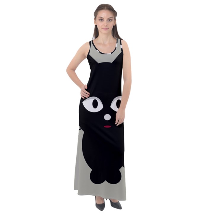 Cat Pet Cute Black Animal Sleeveless Velour Maxi Dress