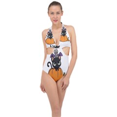 Halloween Cute Cat Halter Front Plunge Swimsuit by Bajindul