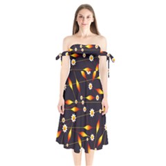 Flower Buds Floral Background Shoulder Tie Bardot Midi Dress by Bajindul