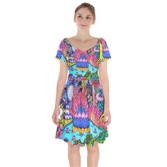 Pond Abstract  Short Sleeve Bardot Dress by okhismakingart