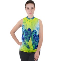 Heart Emotions Love Blue Mock Neck Chiffon Sleeveless Top