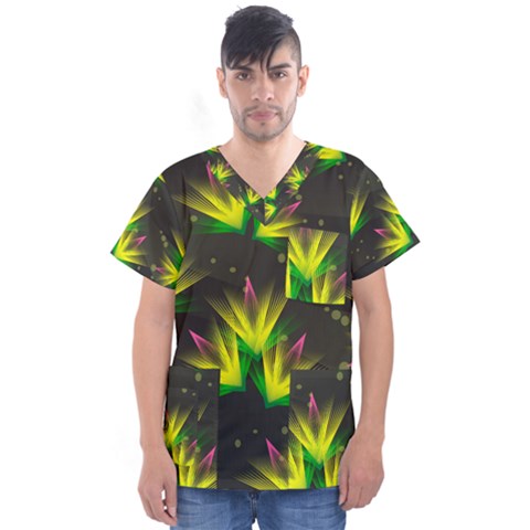 Floral Abstract Lines Men s V-neck Scrub Top by Bajindul