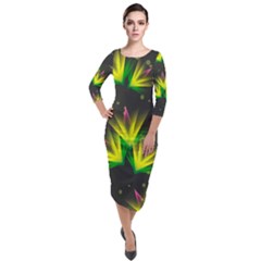 Floral Abstract Lines Quarter Sleeve Midi Velour Bodycon Dress by Bajindul