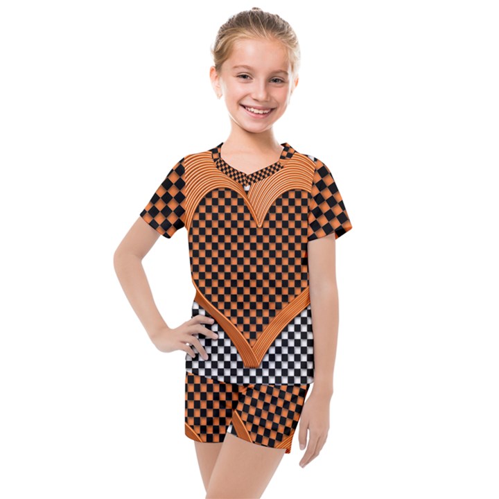 Heart Chess Board Checkerboard Kids  Mesh Tee and Shorts Set