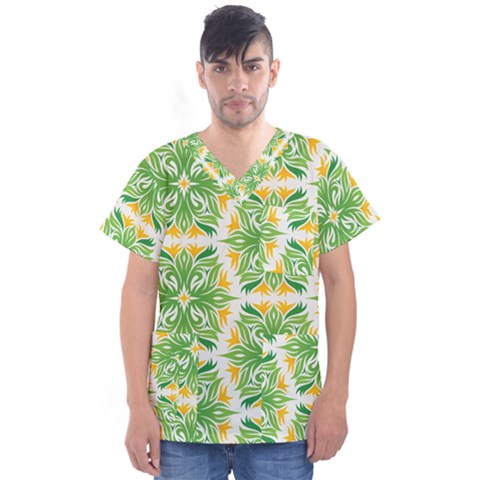 Green Pattern Retro Wallpaper Men s V-neck Scrub Top by Bajindul