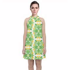 Green Pattern Retro Wallpaper Velvet Halter Neckline Dress  by Bajindul