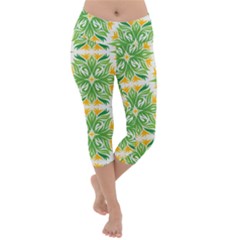 Green Pattern Retro Wallpaper Lightweight Velour Capri Yoga Leggings by Bajindul