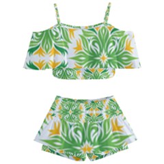 Green Pattern Retro Wallpaper Kids  Off Shoulder Skirt Bikini by Bajindul