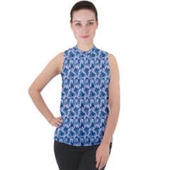 Blue Pattern Scrapbook Mock Neck Chiffon Sleeveless Top