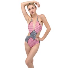 Heart Stripes Symbol Striped Plunging Cut Out Swimsuit by Bajindul