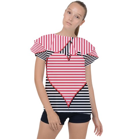 Heart Stripes Symbol Striped Ruffle Collar Chiffon Blouse by Bajindul