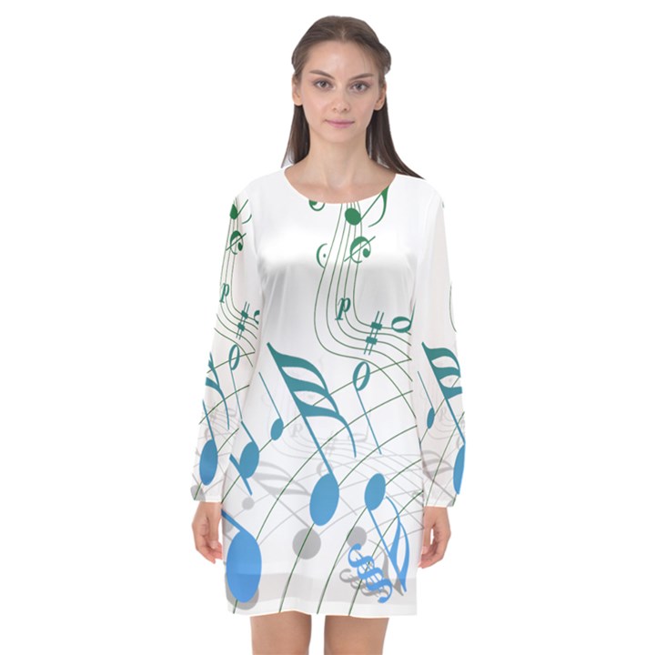 Music Notes Long Sleeve Chiffon Shift Dress 