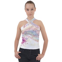 Music Notes Abstract Cross Neck Velour Top