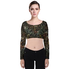 Music Clef Musical Note Background Velvet Long Sleeve Crop Top by Bajindul