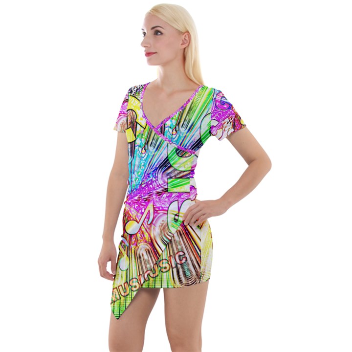 Music Abstract Sound Colorful Short Sleeve Asymmetric Mini Dress