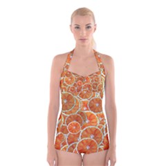 Oranges Background Texture Pattern Boyleg Halter Swimsuit  by Bajindul