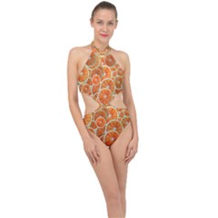 Oranges Background Texture Pattern Halter Side Cut Swimsuit by Bajindul