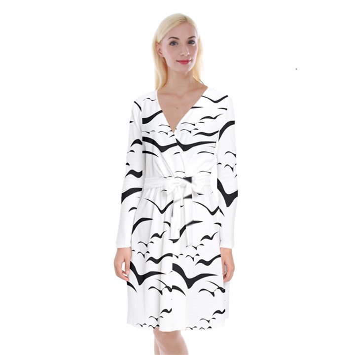 Sky Birds Flying Flock Fly Long Sleeve Velvet Front Wrap Dress