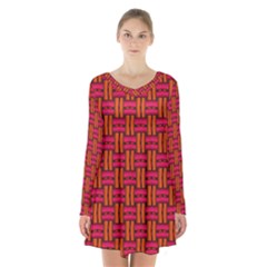 Pattern Red Background Structure Long Sleeve Velvet V-neck Dress by Bajindul