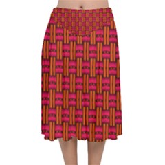 Pattern Red Background Structure Velvet Flared Midi Skirt by Bajindul