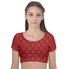 Pattern Red Background Structure Velvet Short Sleeve Crop Top  by Bajindul