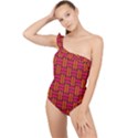 Pattern Red Background Structure Frilly One Shoulder Swimsuit View1