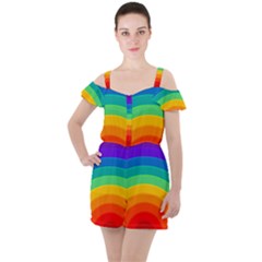 Rainbow Background Colorful Ruffle Cut Out Chiffon Playsuit by Bajindul