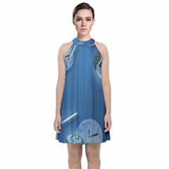 Time Clock Watch Hours Velvet Halter Neckline Dress  by Bajindul