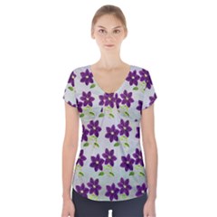 Purple Flower Short Sleeve Front Detail Top by Bajindul