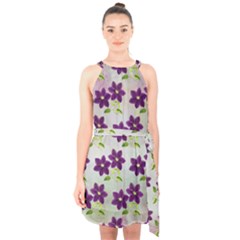 Purple Flower Halter Collar Waist Tie Chiffon Dress