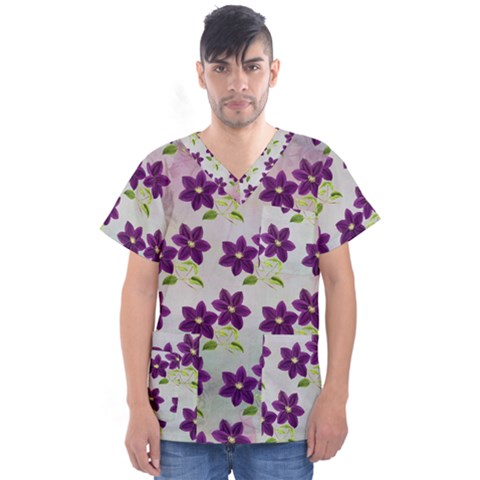 Purple Flower Men s V-neck Scrub Top by Bajindul