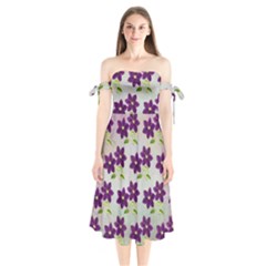 Purple Flower Shoulder Tie Bardot Midi Dress by Bajindul